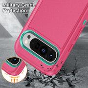 For Google Pixel 9 Pro Rugged PC + Silicone Phone Case with Holder(Rose Red+Light Green)