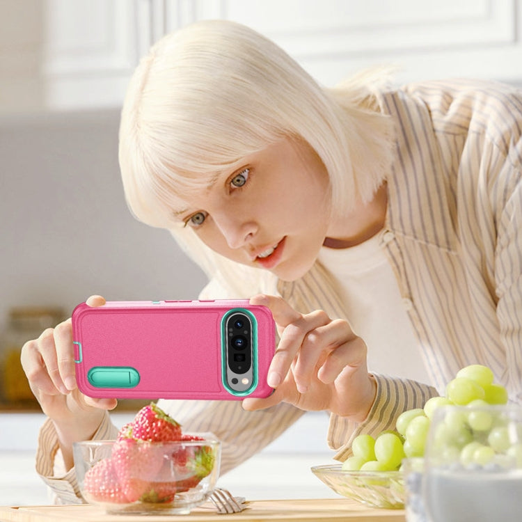 For Google Pixel 9 Pro Rugged PC + Silicone Phone Case with Holder(Rose Red+Light Green)