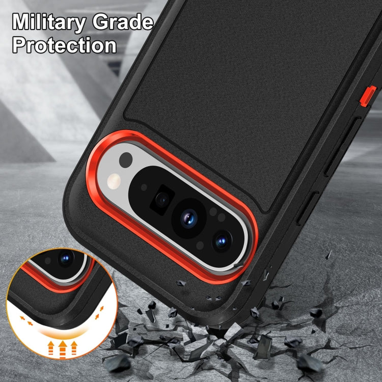 For Google Pixel 9 Pro Rugged PC + Silicone Phone Case with Holder(Black+Orange)