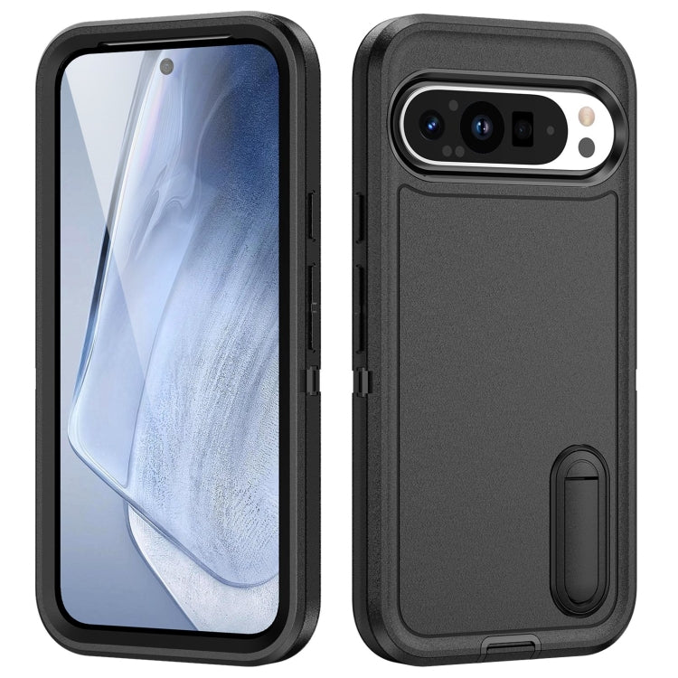 For Google Pixel 9 Pro Rugged PC + Silicone Phone Case with Holder(Black)
