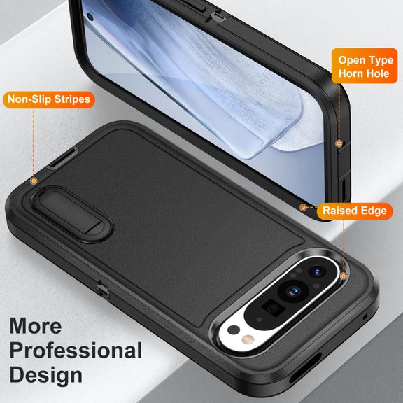 For Google Pixel 9 Pro Rugged PC + Silicone Phone Case with Holder(Black)