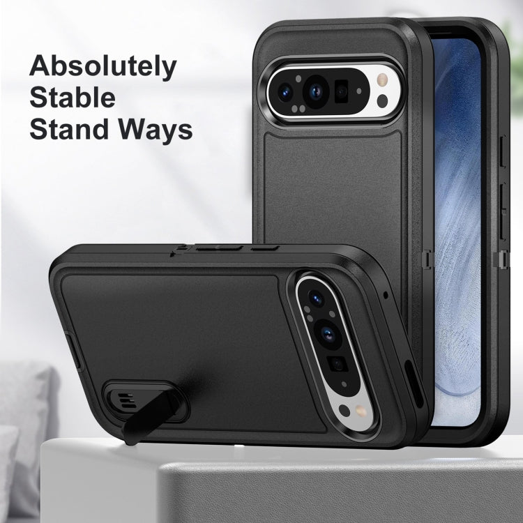 For Google Pixel 9 Pro Rugged PC + Silicone Phone Case with Holder(Black)