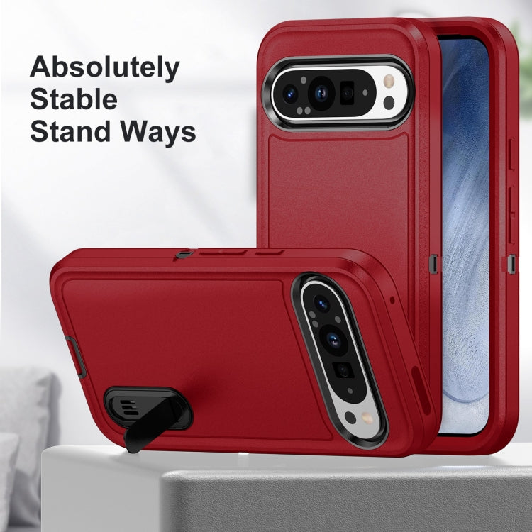 For Google Pixel 9 Pro Rugged PC + Silicone Phone Case with Holder(Red+Black)