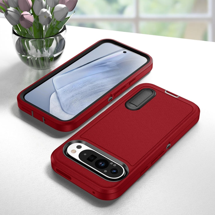For Google Pixel 9 Pro Rugged PC + Silicone Phone Case with Holder(Red+Black)