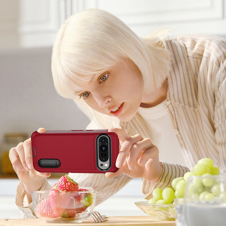 For Google Pixel 9 Pro Rugged PC + Silicone Phone Case with Holder(Red+Black)