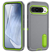 For Google Pixel 9 Pro Rugged PC + Silicone Phone Case with Holder(Grey+Fresh Green)