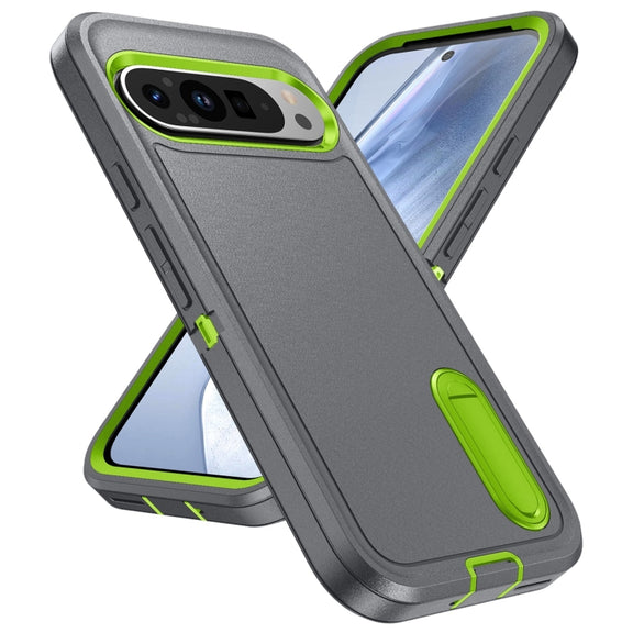 For Google Pixel 9 Pro Rugged PC + Silicone Phone Case with Holder(Grey+Fresh Green)