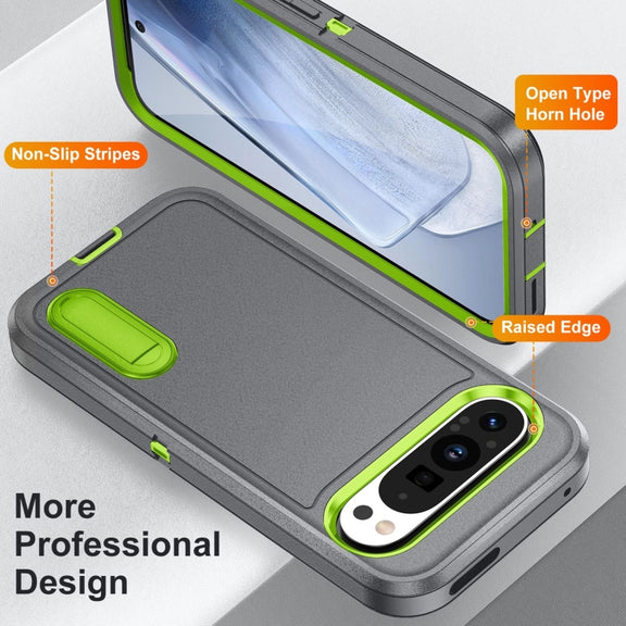 For Google Pixel 9 Pro Rugged PC + Silicone Phone Case with Holder(Grey+Fresh Green)