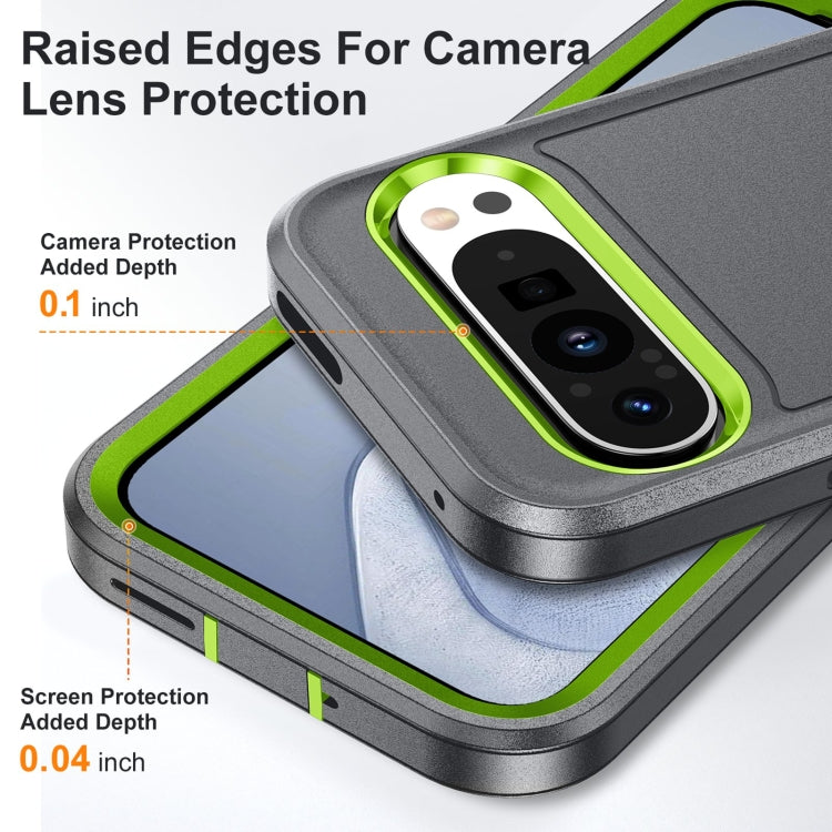 For Google Pixel 9 Pro Rugged PC + Silicone Phone Case with Holder(Grey+Fresh Green)