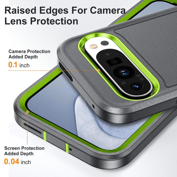 For Google Pixel 9 Pro Rugged PC + Silicone Phone Case with Holder(Grey+Fresh Green)