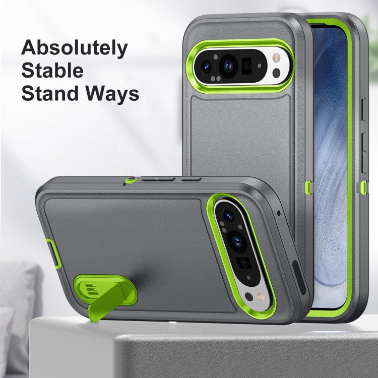 For Google Pixel 9 Pro Rugged PC + Silicone Phone Case with Holder(Grey+Fresh Green)