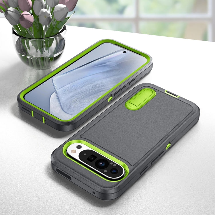For Google Pixel 9 Pro Rugged PC + Silicone Phone Case with Holder(Grey+Fresh Green)