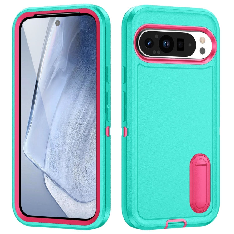 For Google Pixel 9 Pro Rugged PC + Silicone Phone Case with Holder(Light Green+Rose Red)