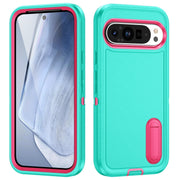 For Google Pixel 9 Pro Rugged PC + Silicone Phone Case with Holder(Light Green+Rose Red)