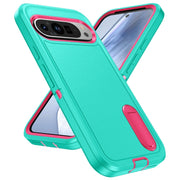 For Google Pixel 9 Pro Rugged PC + Silicone Phone Case with Holder(Light Green+Rose Red)