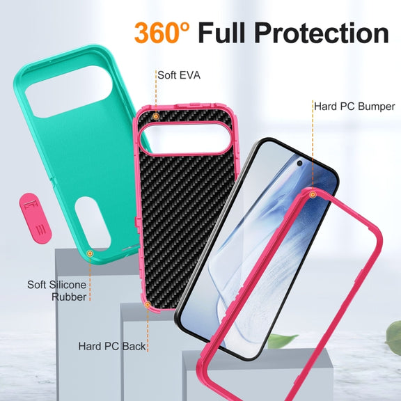 For Google Pixel 9 Pro Rugged PC + Silicone Phone Case with Holder(Light Green+Rose Red)