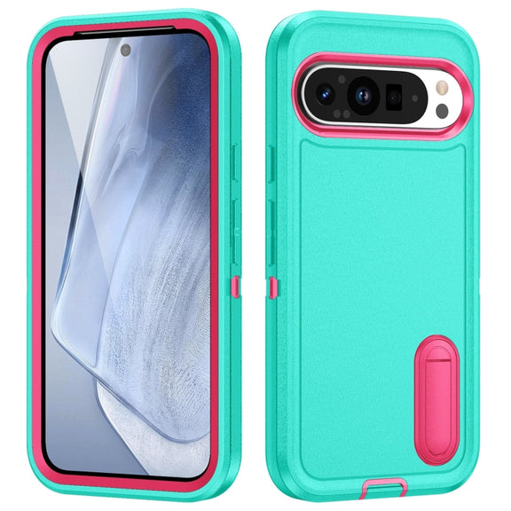 For Google Pixel 9 Pro Rugged PC + Silicone Phone Case with Holder(Light Green+Rose Red)