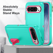 For Google Pixel 9 Pro Rugged PC + Silicone Phone Case with Holder(Light Green+Rose Red)