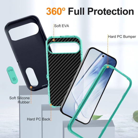 For Google Pixel 9 Pro Rugged PC + Silicone Phone Case with Holder(Dark Blue+Light Green)
