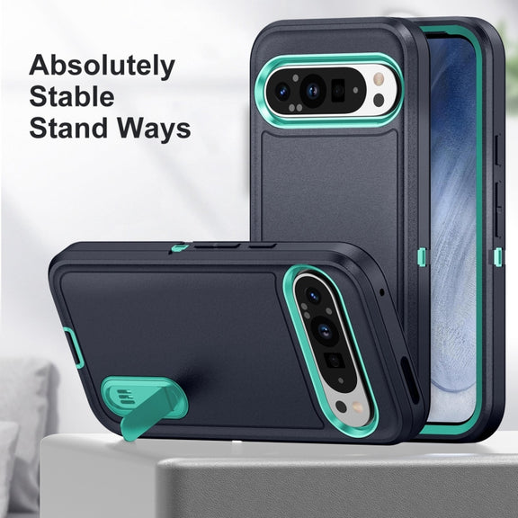 For Google Pixel 9 Pro Rugged PC + Silicone Phone Case with Holder(Dark Blue+Light Green)