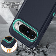 For Google Pixel 9 Pro Rugged PC + Silicone Phone Case with Holder(Dark Blue+Light Green)
