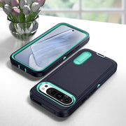 For Google Pixel 9 Pro Rugged PC + Silicone Phone Case with Holder(Dark Blue+Light Green)