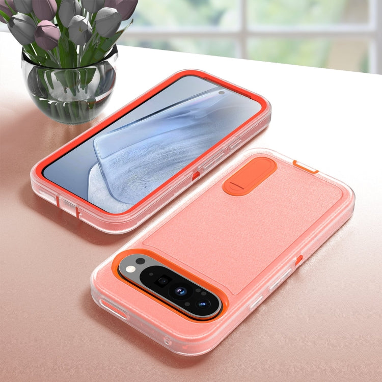For Google Pixel 9 Pro Rugged PC + Silicone Phone Case with Holder(Transparent+Orange)