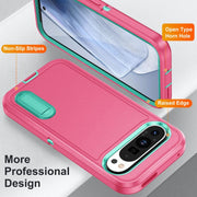 For Google Pixel 9 Rugged PC + Silicone Phone Case with Holder(Rose Red+Light Green)