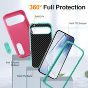 For Google Pixel 9 Rugged PC + Silicone Phone Case with Holder(Rose Red+Light Green)