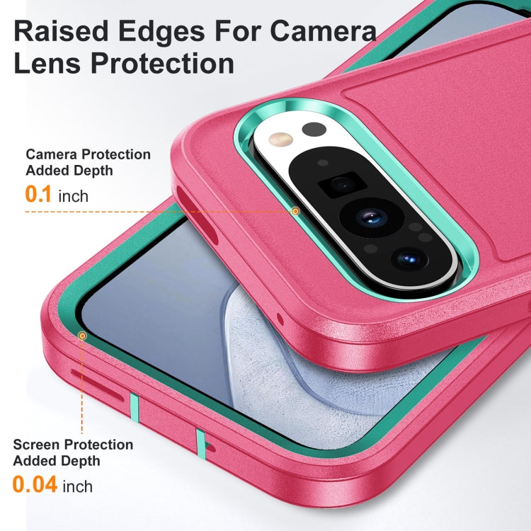 For Google Pixel 9 Rugged PC + Silicone Phone Case with Holder(Rose Red+Light Green)