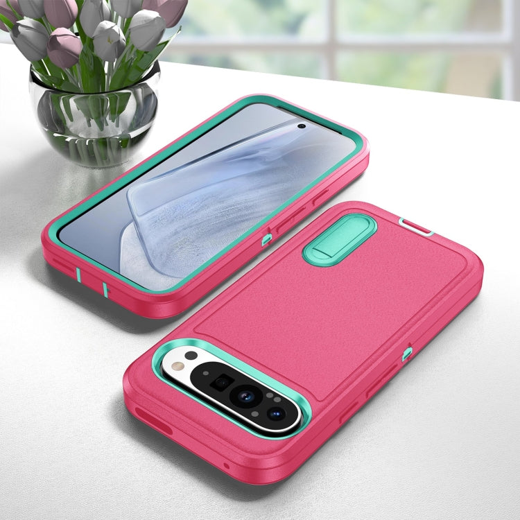 For Google Pixel 9 Rugged PC + Silicone Phone Case with Holder(Rose Red+Light Green)