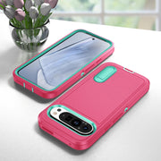 For Google Pixel 9 Rugged PC + Silicone Phone Case with Holder(Rose Red+Light Green)
