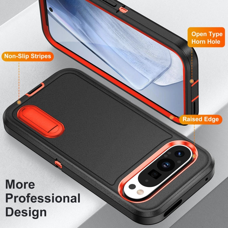 For Google Pixel 9 Rugged PC + Silicone Phone Case with Holder(Black+Orange)
