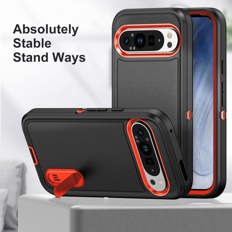 For Google Pixel 9 Rugged PC + Silicone Phone Case with Holder(Black+Orange)