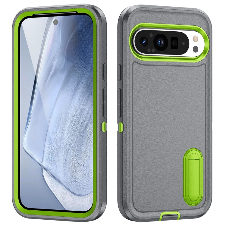 For Google Pixel 9 Rugged PC + Silicone Phone Case with Holder(Grey+Fresh Green)