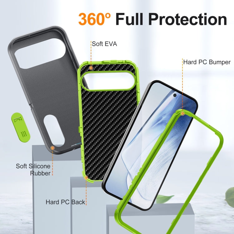 For Google Pixel 9 Rugged PC + Silicone Phone Case with Holder(Grey+Fresh Green)