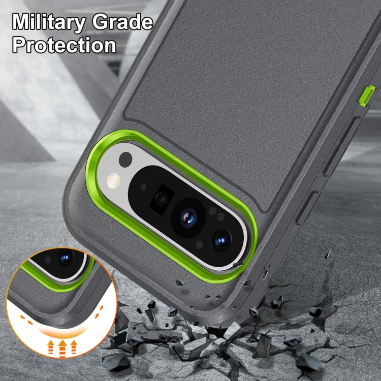 For Google Pixel 9 Rugged PC + Silicone Phone Case with Holder(Grey+Fresh Green)