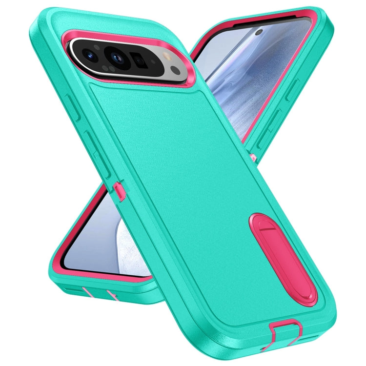 For Google Pixel 9 Rugged PC + Silicone Phone Case with Holder(Light Green+Rose Red)