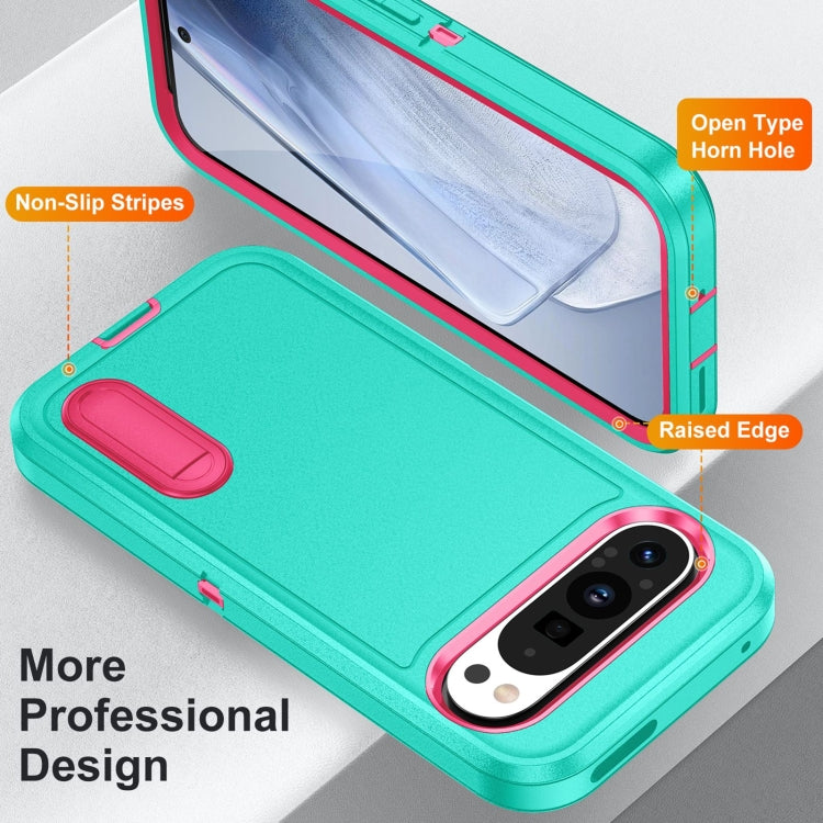 For Google Pixel 9 Rugged PC + Silicone Phone Case with Holder(Light Green+Rose Red)