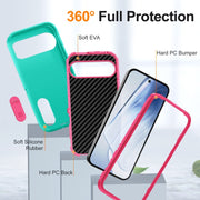 For Google Pixel 9 Rugged PC + Silicone Phone Case with Holder(Light Green+Rose Red)