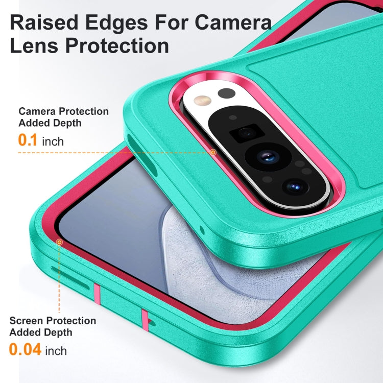 For Google Pixel 9 Rugged PC + Silicone Phone Case with Holder(Light Green+Rose Red)