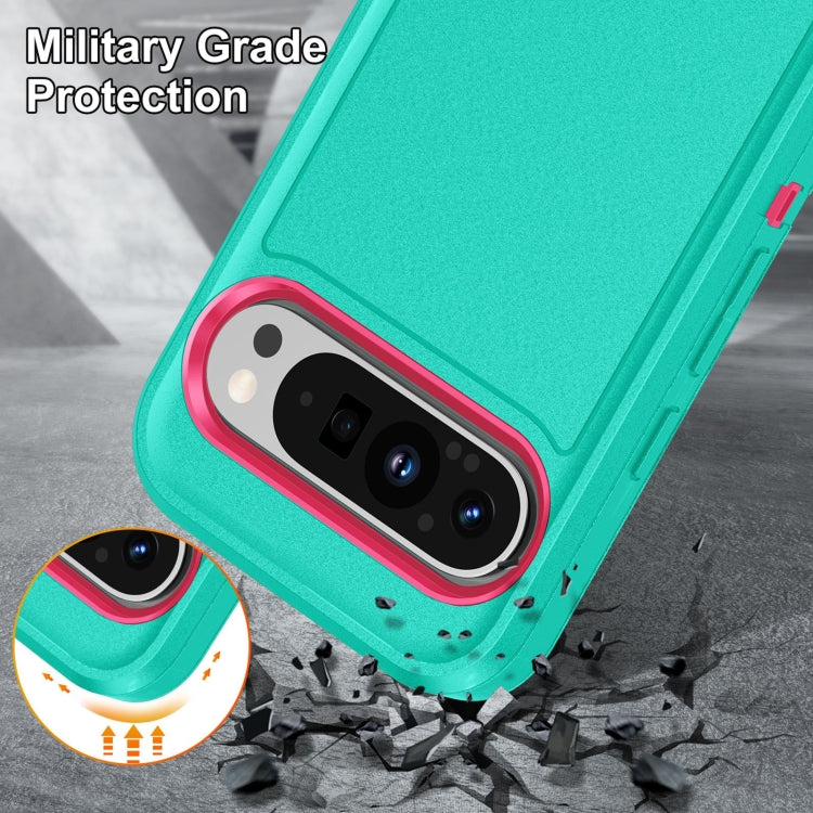 For Google Pixel 9 Rugged PC + Silicone Phone Case with Holder(Light Green+Rose Red)
