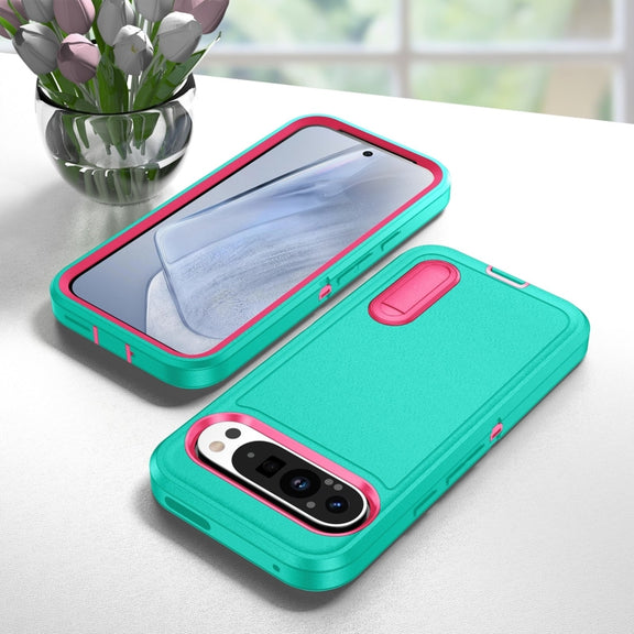 For Google Pixel 9 Rugged PC + Silicone Phone Case with Holder(Light Green+Rose Red)