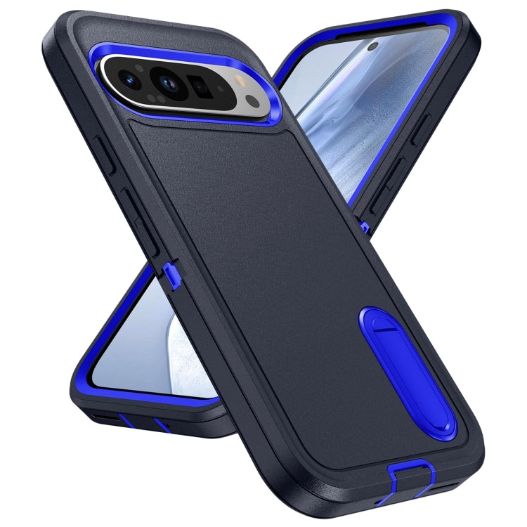 For Google Pixel 9 Rugged PC + Silicone Phone Case with Holder(Dark Blue+Royal Blue)