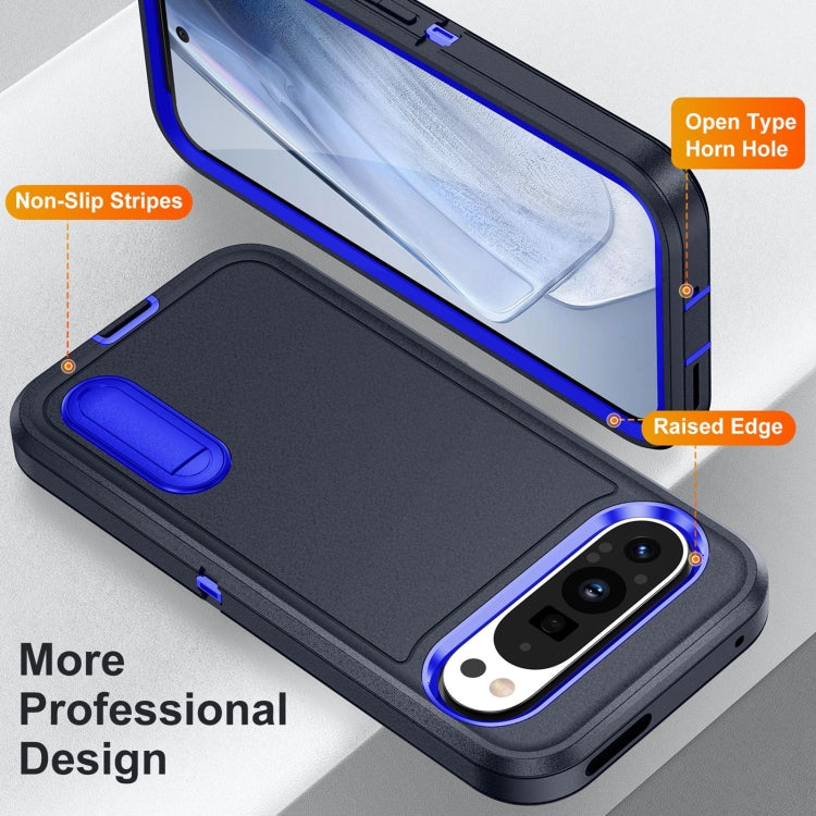 For Google Pixel 9 Rugged PC + Silicone Phone Case with Holder(Dark Blue+Royal Blue)