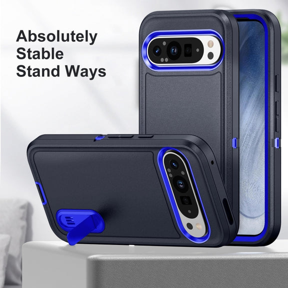 For Google Pixel 9 Rugged PC + Silicone Phone Case with Holder(Dark Blue+Royal Blue)