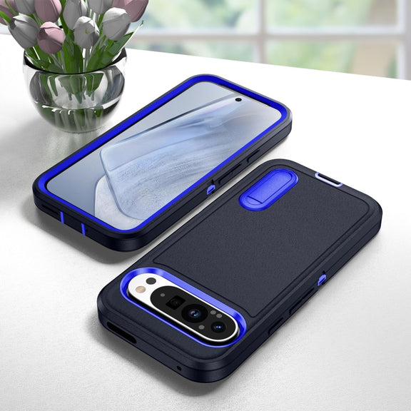 For Google Pixel 9 Rugged PC + Silicone Phone Case with Holder(Dark Blue+Royal Blue)