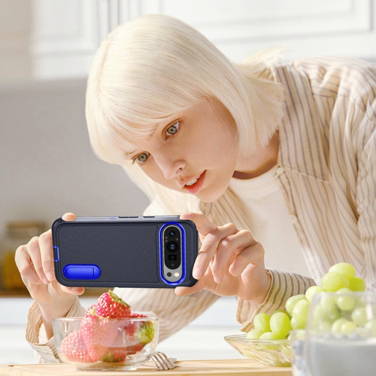 For Google Pixel 9 Rugged PC + Silicone Phone Case with Holder(Dark Blue+Royal Blue)