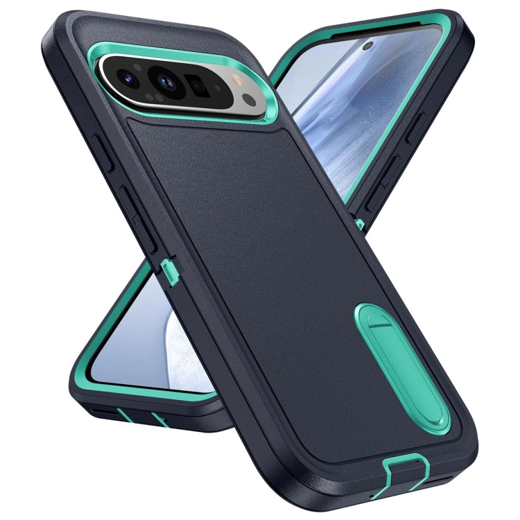 For Google Pixel 9 Rugged PC + Silicone Phone Case with Holder(Dark Blue+Light Green)