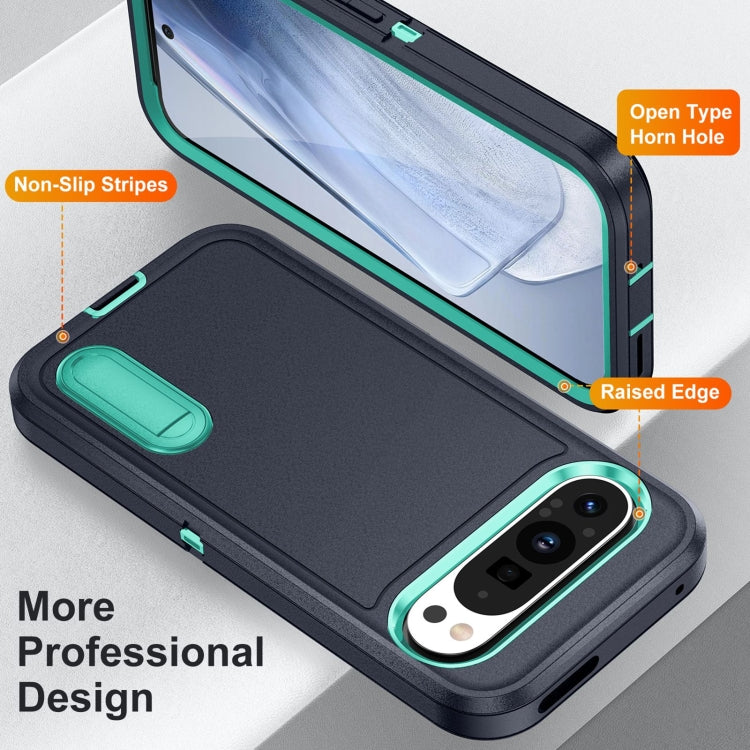 For Google Pixel 9 Rugged PC + Silicone Phone Case with Holder(Dark Blue+Light Green)